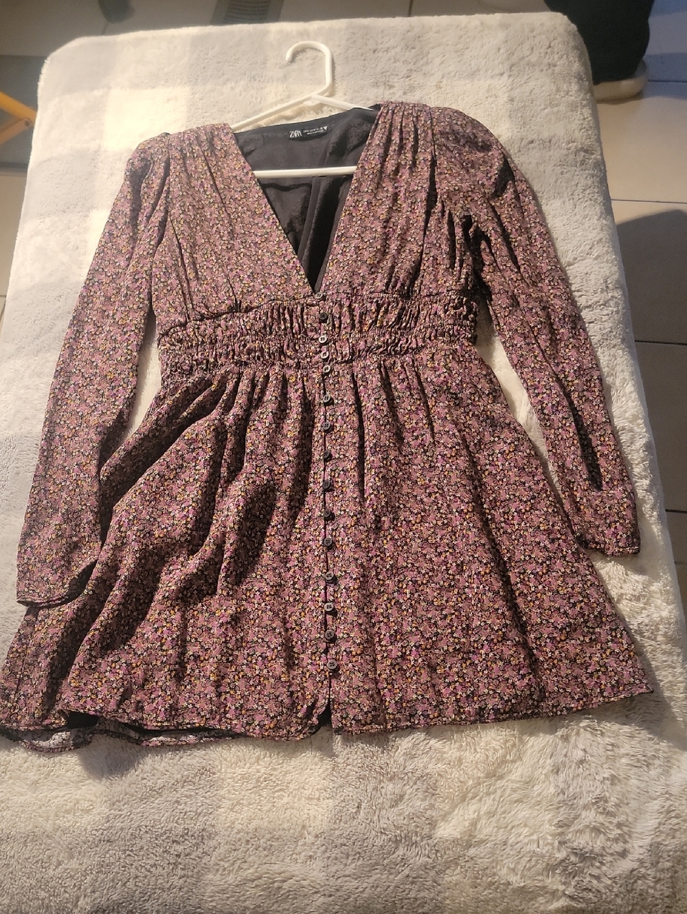 Zara Purple Floral Button Front Long Sleeve Dress